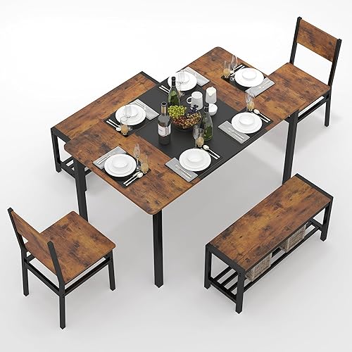Miniatura 7 de Juego de mesa de comedor para 4-6 personas, mesa de comedor industrial con 2 bancos y 2 sillas, juego de mesa de cocina con estante de