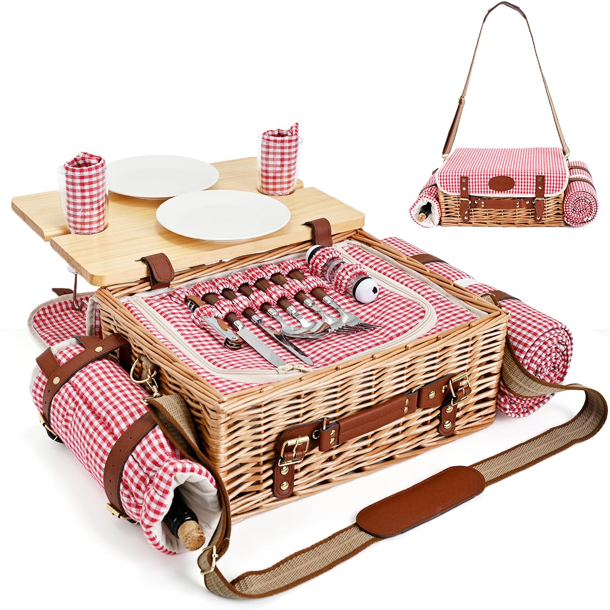 Multifunctional Wicker Picnic Basket Set for 2 with Blanket and Picnic Table, Insulated Picnic Set with Full Tablewares for Camping Outdoor Couples, Gingham