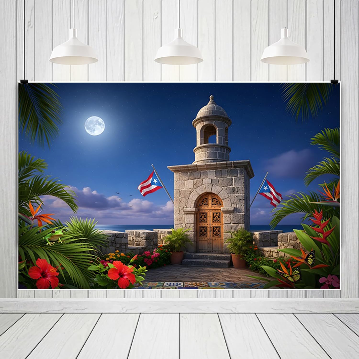 3,6 x 1,8 m Tło Portorykańskie Flagi Strong Coastal Moon Light Kamienna Wieża Kwiat Hibiskusa, Karaibski motyw nocny, akcesoria do studia fotograficznego