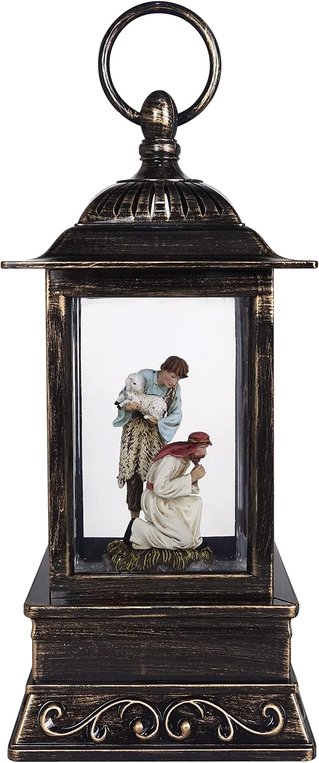 Decorative Christmas Lantern with Nativity Shepherd, 10.5”