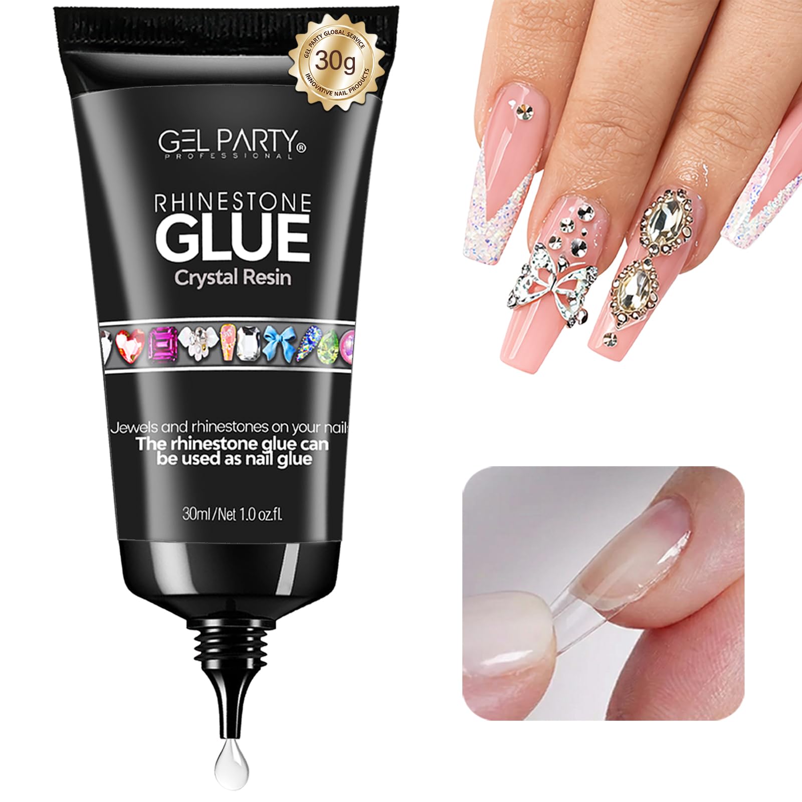 GELPARTY 4-in-1 Nail Glue Gel for Nail Tips, Acrylics & Press Ons - 30ml Super Strong Adhesive for Rhinestones, Diamonds & Gems - Long Lasting UV Gel