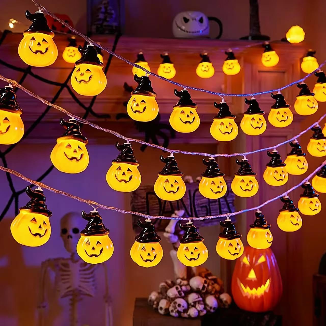 ZYYRSS Battery Operated Pumpkin String Lights - 20 LED 3M/10FT Cute Waterproof 2 Mode Steady/Flickering Jack-o-Lantern String Lights for Halloween Indoor Party Yard Decor