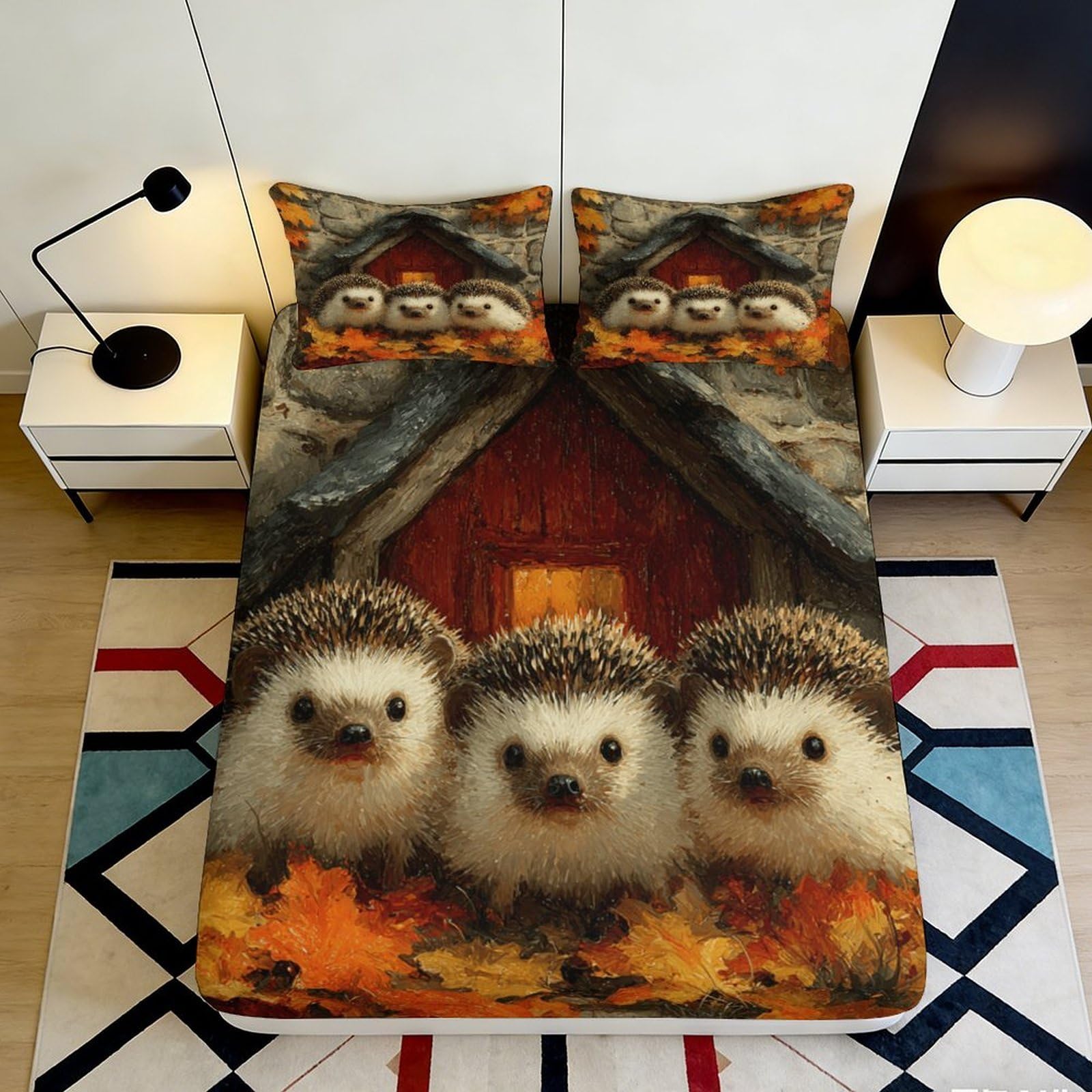 3D Printed Hedgehog Autumn Leaves Fitted Sheet Microfiber Soft Mattress Cover for Bedroom Dorm Mattress Protection Decor 160x200x25cm