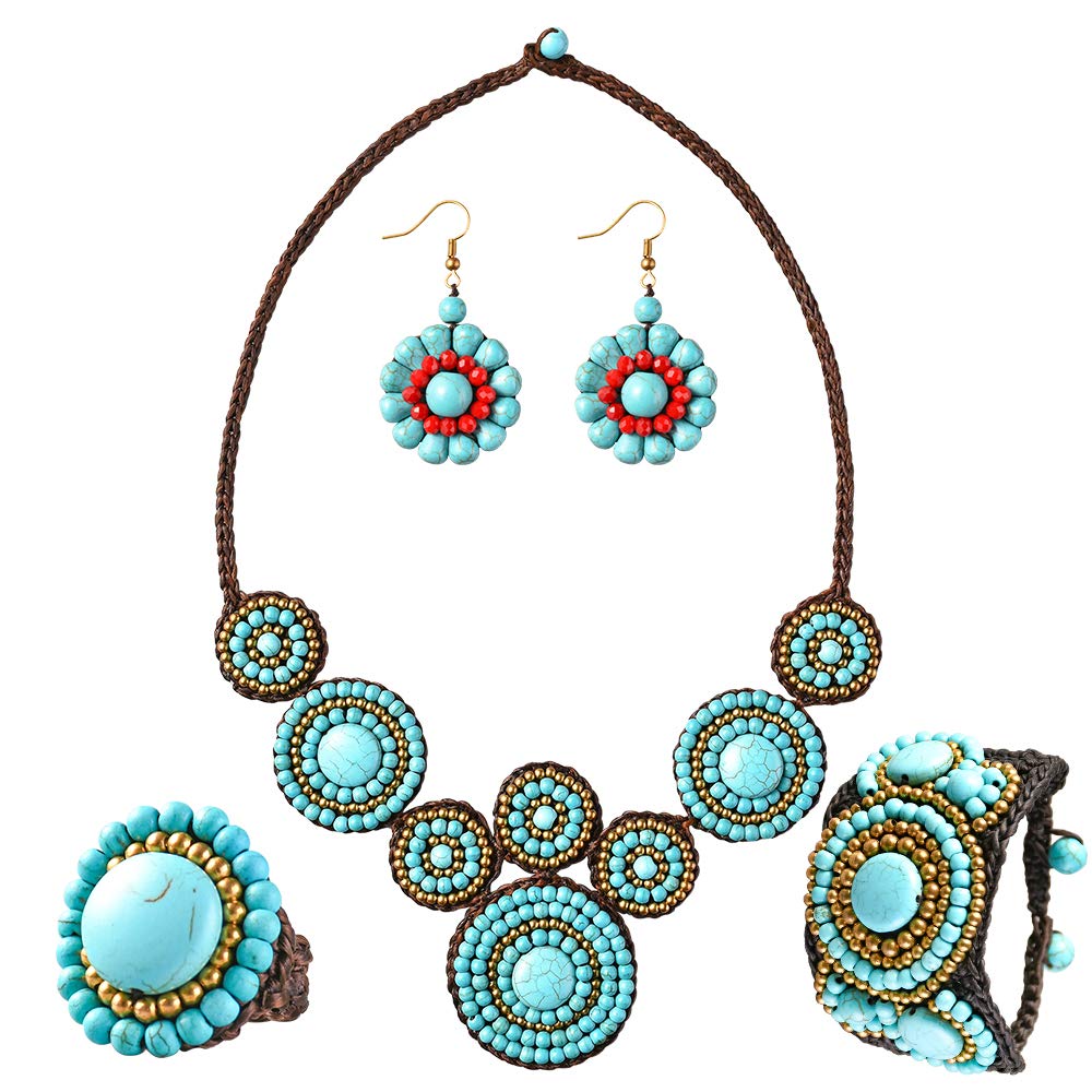 maytry Original Hand-Woven Turquoise Necklace 4-Piece Set, a Pair of Woven Turquoise Earrings, an Egg-Shaped Turquoise Ring and a Symmetrical Turquoise Bracelet, a Hand Card