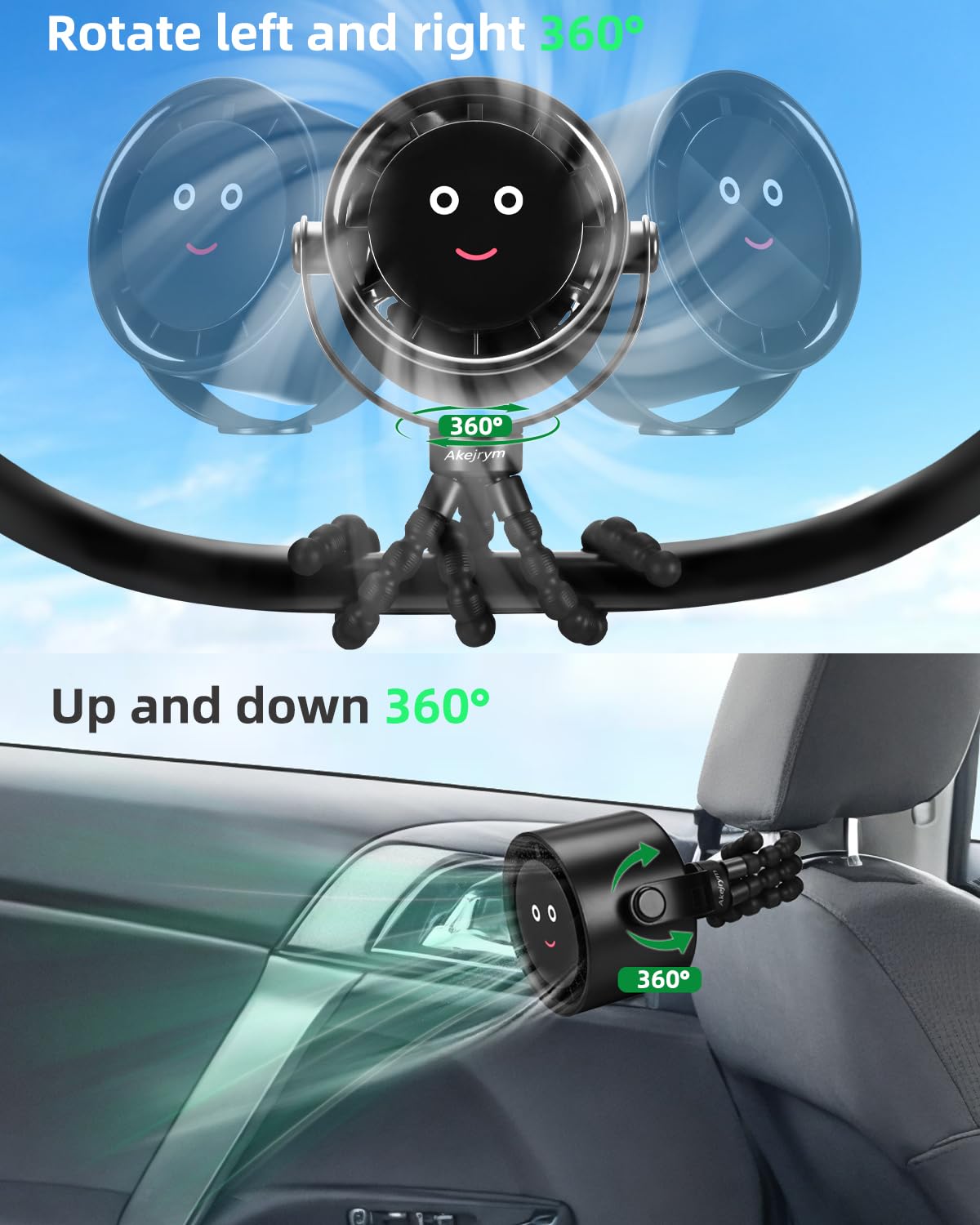 Akejrym Ventilateur de poussette portable, ventilateur personnel pour voyage, Air Turbo Tech et affichage numérique, 5 vitesses détachables, rechargeable, rotation à 360°, ventilateur trépied