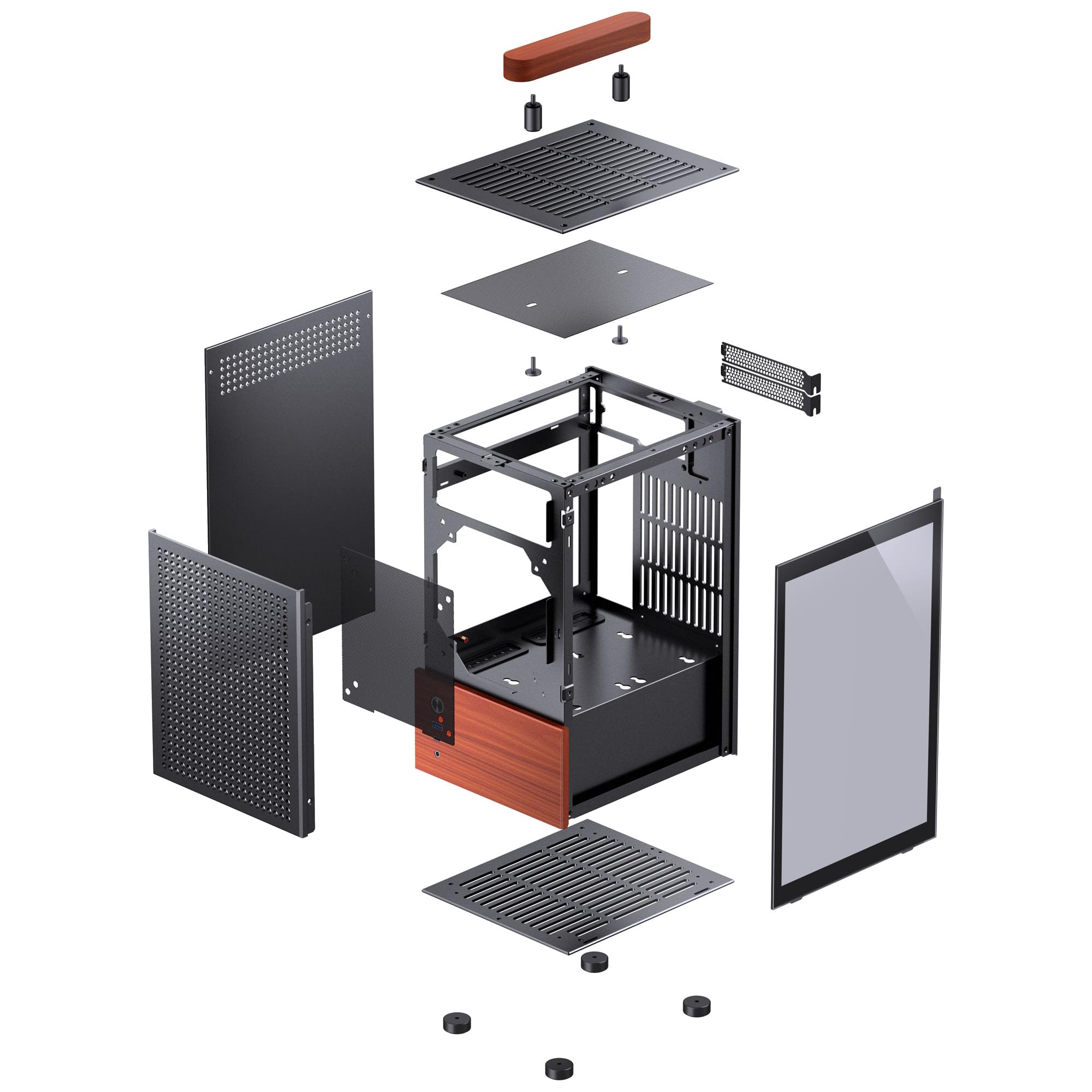 Jonsbo T6 Mini-ITX Case per PC – Nero, Vetro Temperato & Maniglia in Legno, Alluminio & Acciaio, Case Mini-Tower Compatto