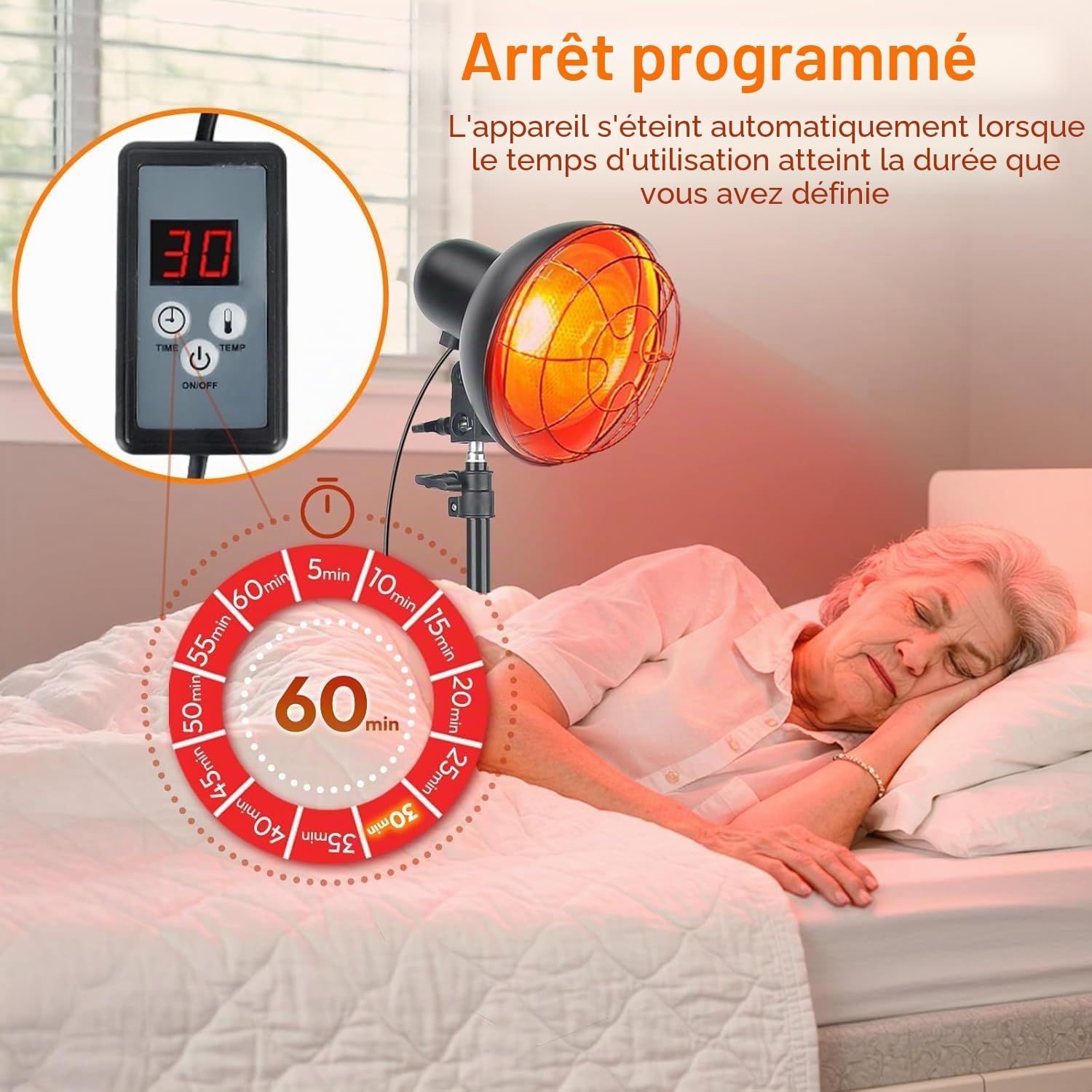 Lampe infrarouge 150W, température réglable | Chaleur 30–60°C, +50% pénétration, 10 niveaux, minuterie 5–60 min, hauteur 58–116cm