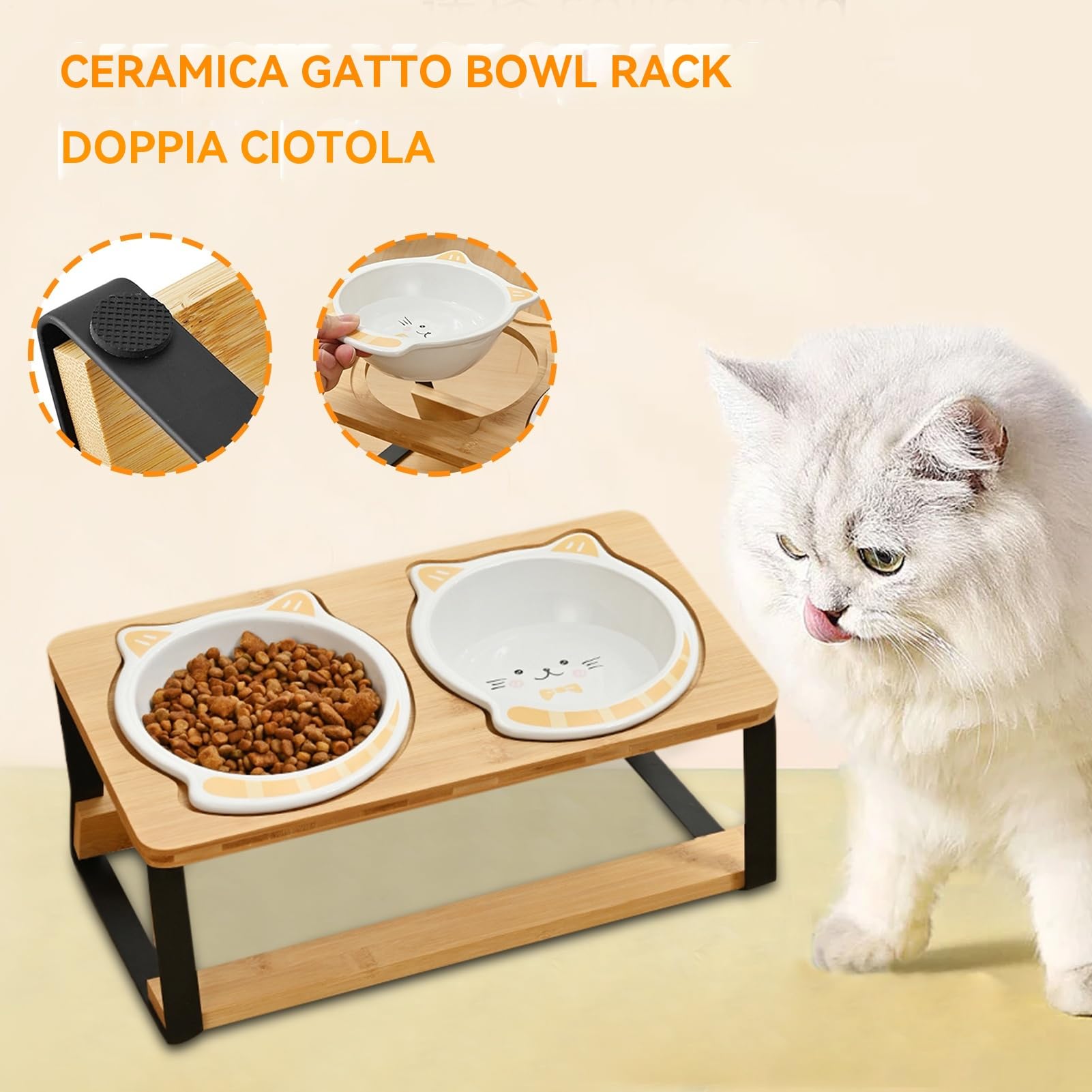 Ciotole Alte per Cibo Gatti Vassoio Sollevato per Gatti | Doppia Ceramica Alta Con Base Legno Antiscivolo Antigoccia Per Cuccioli Mangiare Bere In Appartamento E Viaggio
