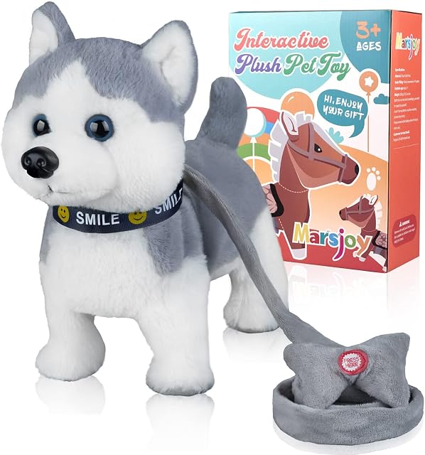 Husky Walking Barking Dog Toy, Musical Singing Dancing Realistic Interactive Puppy Walk Along Battery Operated Moving Animated Tail Wagging Plush Stuffed Anima Electronic Pet for Kids Toddlers