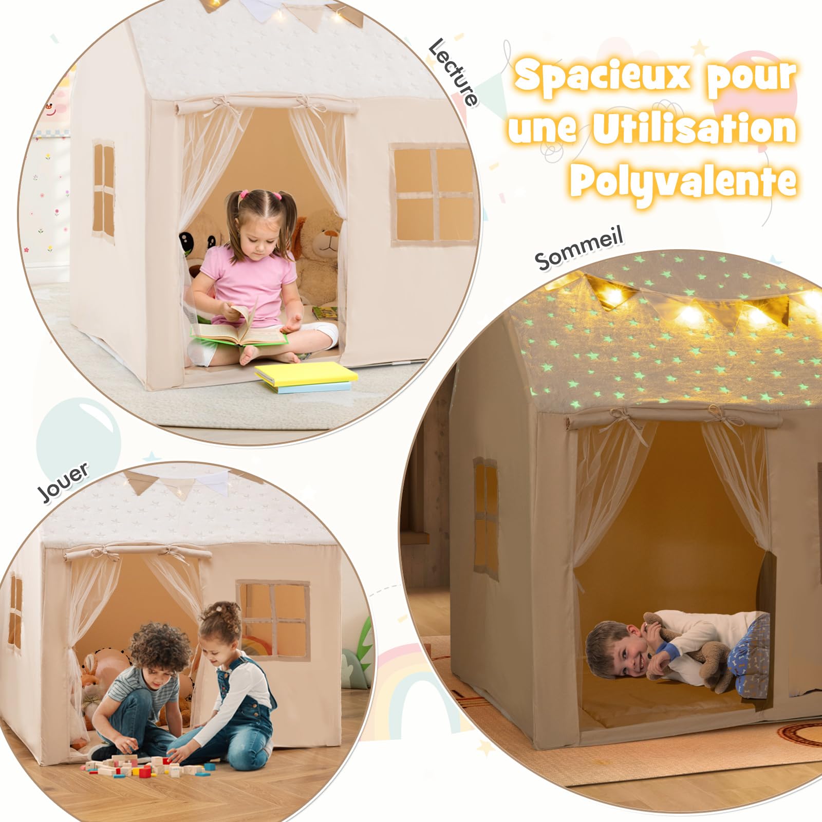 Tente De Jeux Enfant Tissu Phosphorescent, Guirlande Lumineuse 119x104x129cm 3 Ans Rose