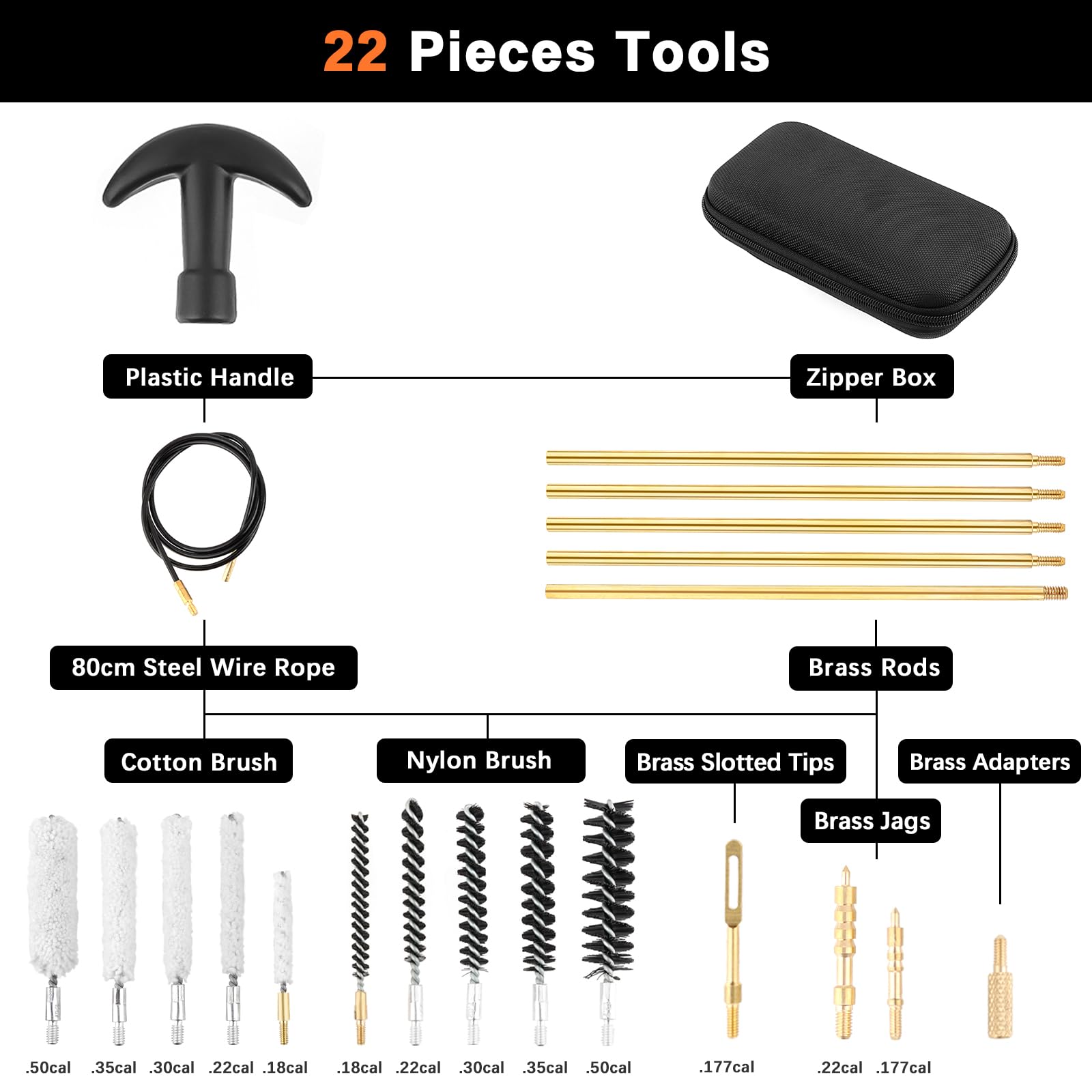 Kit di pulizia per armi FOCUHUNTER per calibri 4,5/5,55/9/12,7 mm, kit di pulizia per pistole 22 in 1 con aste in ottone, spazzola in nylon, mocio, punte scanalate, cavo flessibile