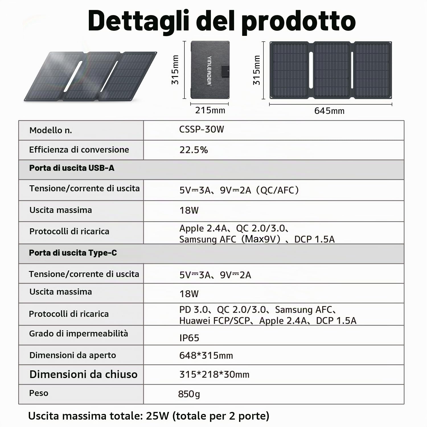 Pannello solare pieghevole da 30W, caricatore solare IP65 impermeabile e antipolvere, Caricabatterie solare pieghevole con ricarica rapida 18W USB-C & USB-A QC3.0,compatibile con smartphone, tablet