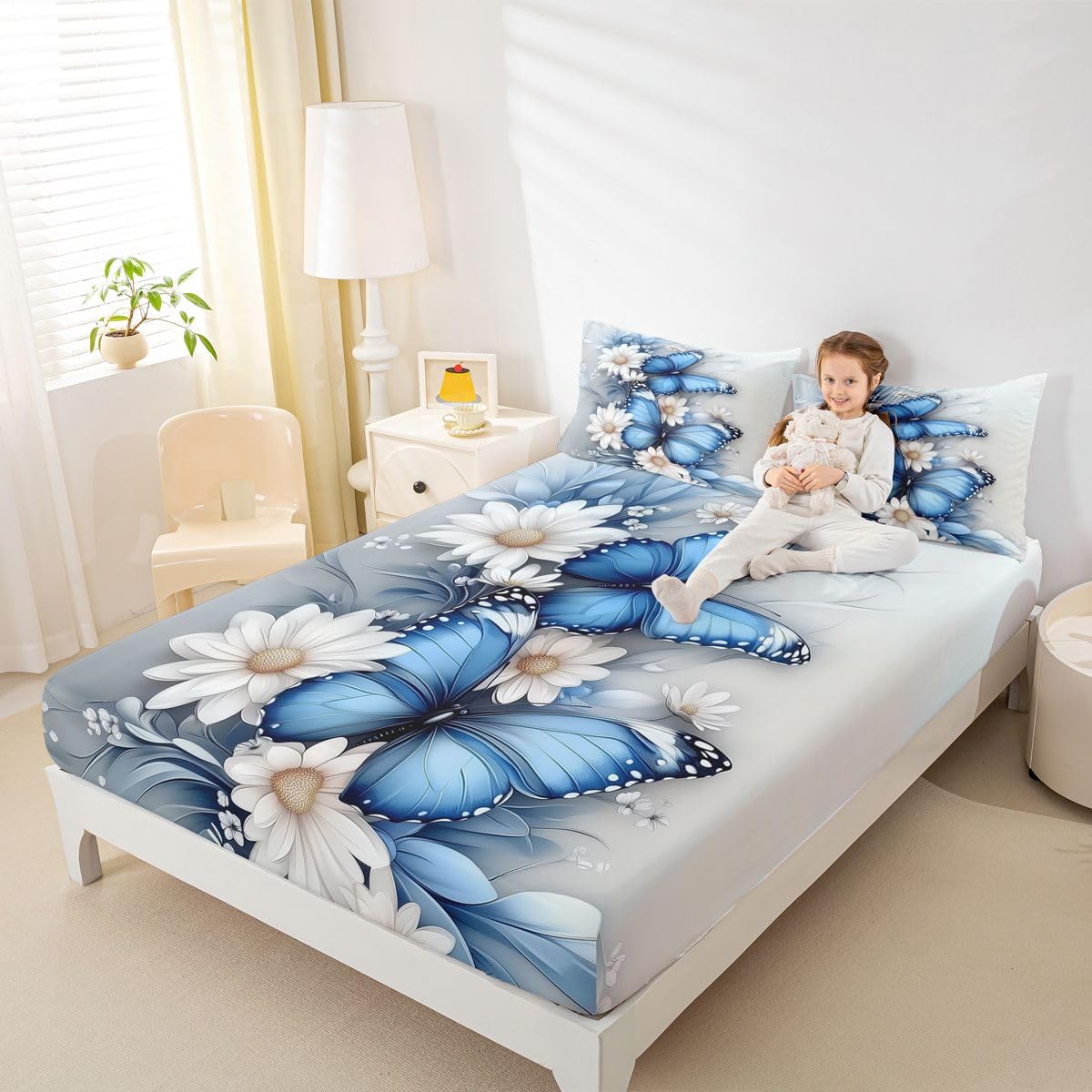 Manfei Juego de sábanas bajeras de 3 piezas, diseño botánico de flores florecientes, estilo rústico de granja con 2 fundas de almohada, decoración de habitación de niños y niñas, ropa de cama suave