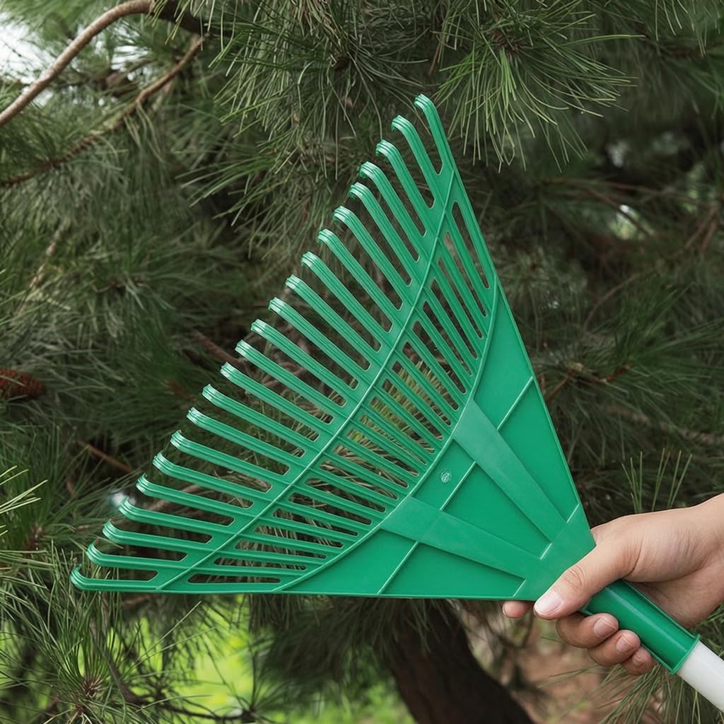 Harilla Râteau Agricole avec Manche en Bois pour Jardinage à Feuilles Mortes à Semis à Terre Outil , Râteau en Plastique Vert de 22 Dents avec Manche