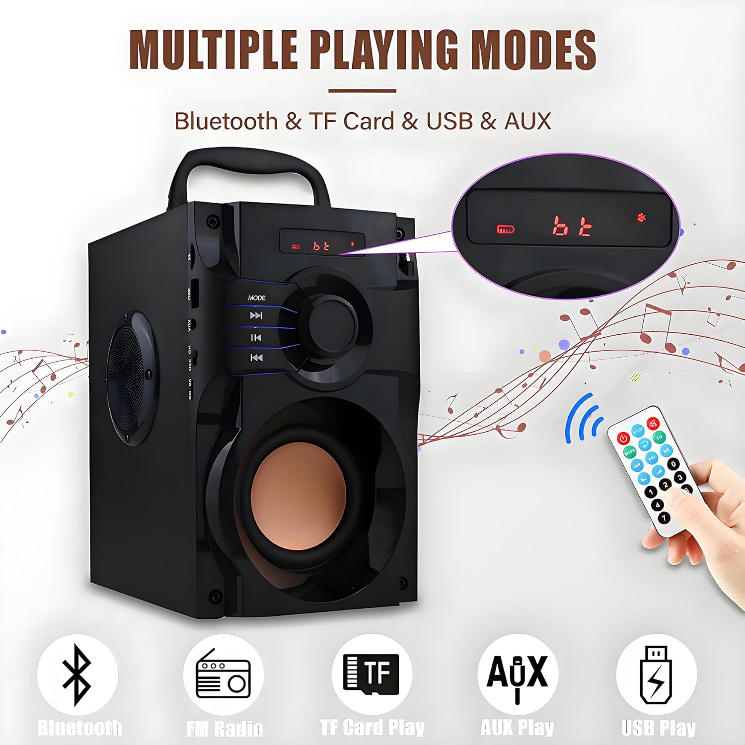 Bluetooth Speaker, Portable Wireless Speaker with Subwoofer Heavy Bass, FM Radio with LED, Remote Control, Phone Holder, MP3 Player for Party, Christmas, Indoor Outdoor, Mobile PC - Image 3