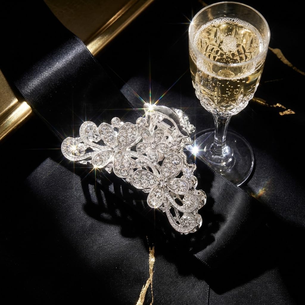 Rhinestone Claw Clip for Women, 2 PCS Silver Sparkly Crystal Diamond Bling Vintage Fashion Hair Accessories Bride Wedding Party Prom Date Dance
