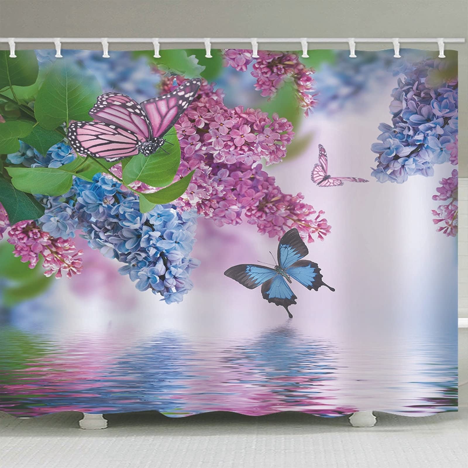 Tenda Doccia Antimuffa Blu Impermeabile & Lavabile Tende Bagno Finestra Poliestere con Ganci Tenda da Doccia Farfalle Fiori, 180x180cm