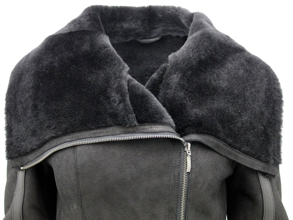 Womens Short Black Merino Sheepskin Aviator Leather Jacket product thumbnail 3