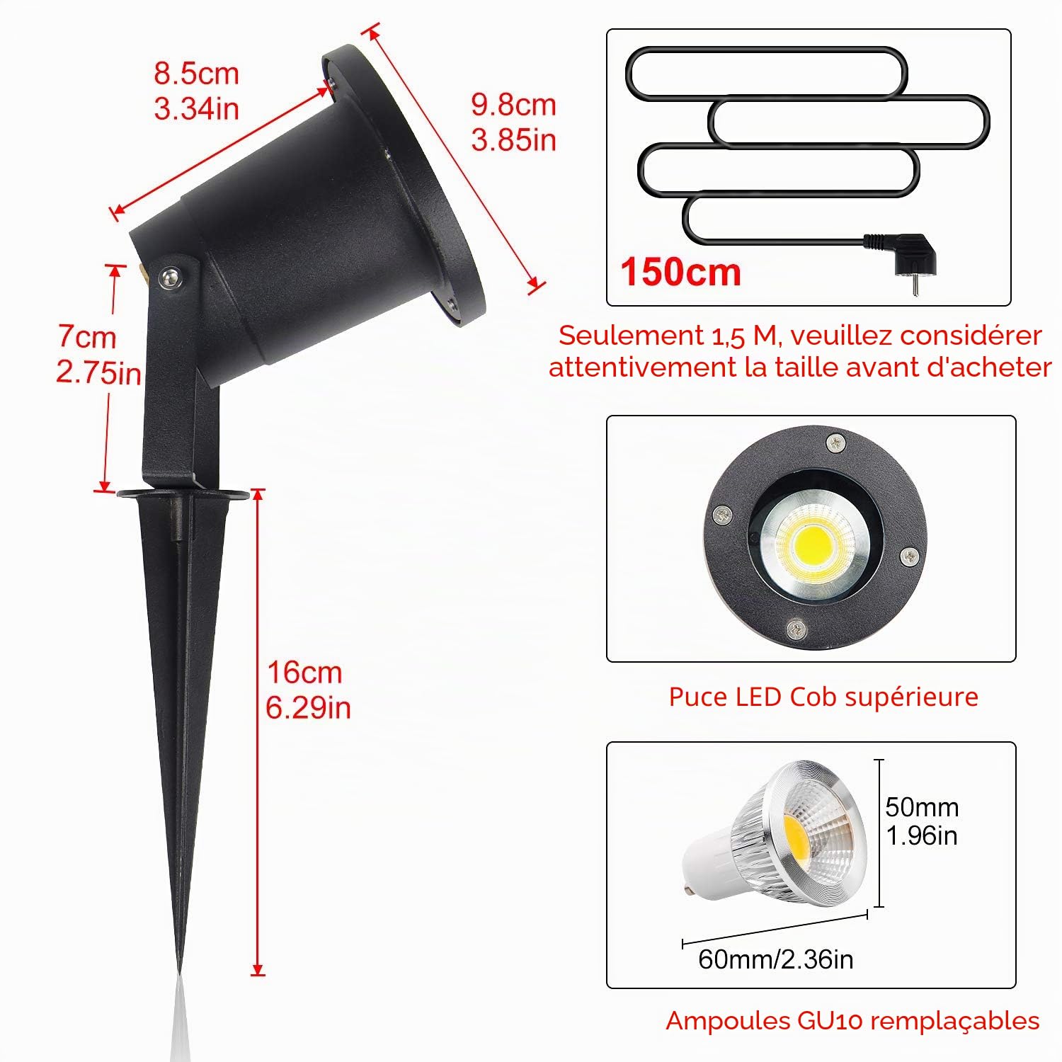 CPROSP 4PCS 5W GU10 Spots de Jardin Ampoules Blanc Chaud Lampes Solaires Etanche pour Extérieur, Jardin, Chemin, Allé, AC85-265V, 3000K, avec 150cm Câble d'alimentation
