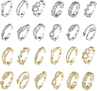 24PCS Toe Rings for Women, Minimalist Ladies Open Adjustable Silver Toe Rings for Women, Toe Ring Foot Jewelry Set for Summer Beach and Casual Wear