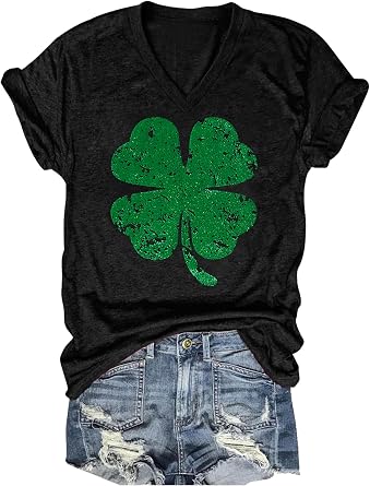 St Patricks T Shirts for Women Irish Shamrock Graphic Blouses T-Shirts Short Sleeve V Neck St Pattys Day Tees Tops