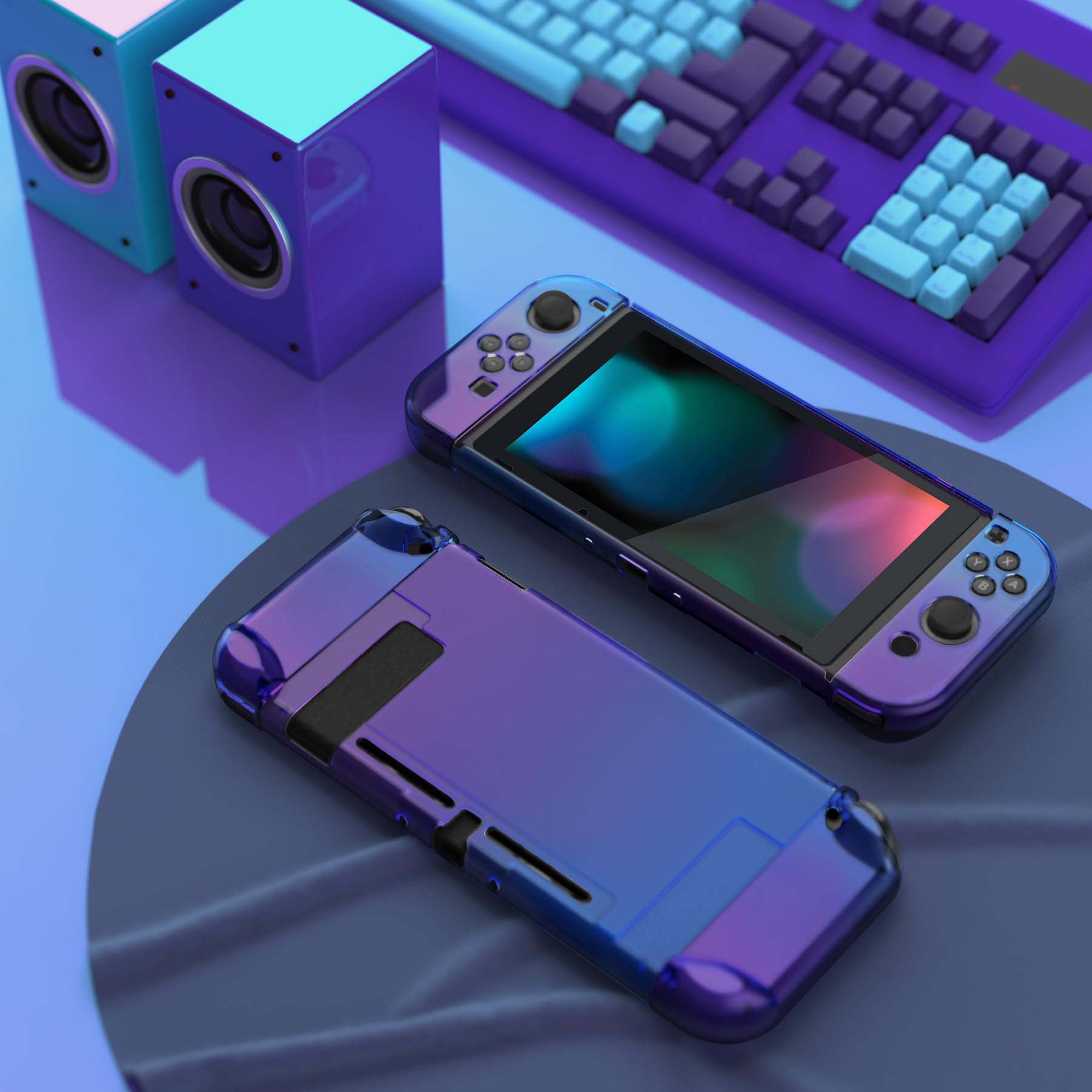 eXtremeRate PlayVital Cover Custodia Protettiva per Nintendo Switch, Copertura Rigida Case Separabile Accessori per Joycon Controller Console, Trasparente Blu Viola - 4