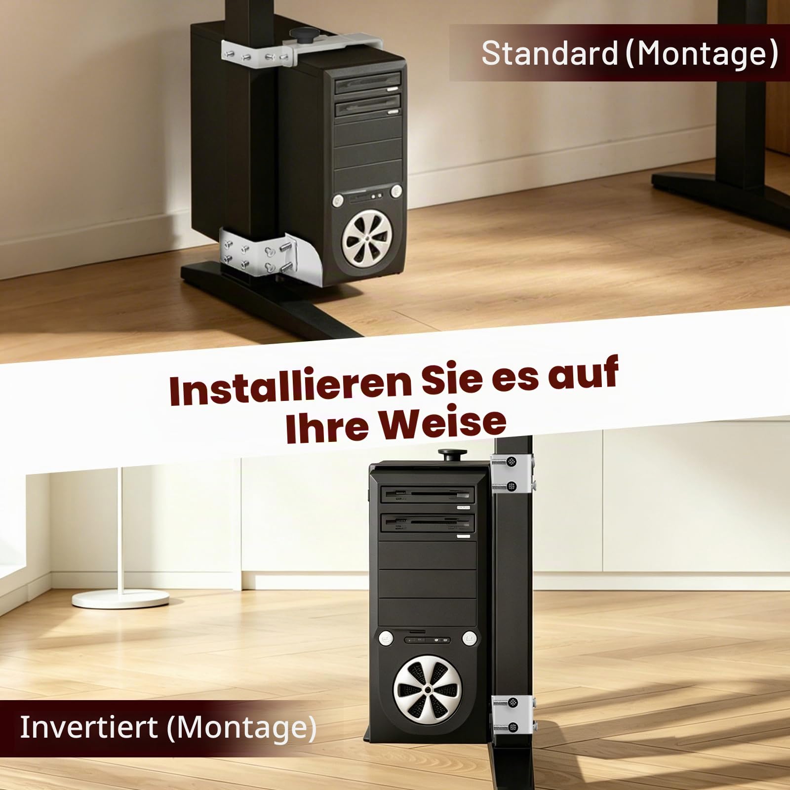 PC Halterung unter Schreibtisch, Verstellbare PC Tischhalterung Ohne Bohren, 20 kg Tragkraft, PC-Tower-Halterung Für Höhenverstellbare Schreibtische, Fits Desk Leg: 65-80mm(D) x 40-50mm(W), Weiß