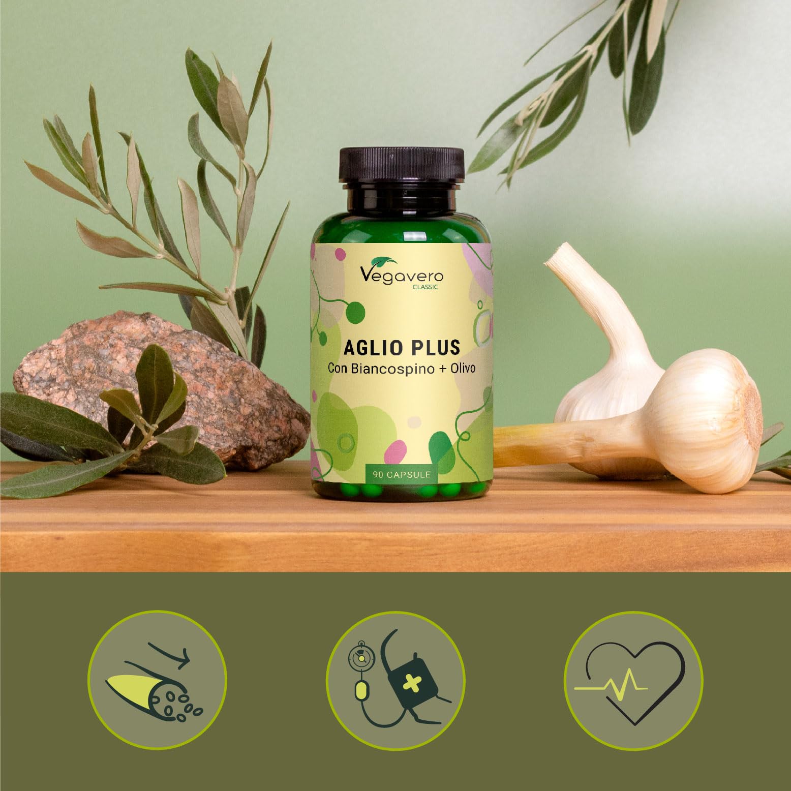 Aglio + Biancospino + Ulivo Vegavero® | Estratti titolati: 1% di Allicina, 3% di Flavoni e 40% Oleuropeina | Integratore in Capsule per la Pressione Sanguigna* | Vegan