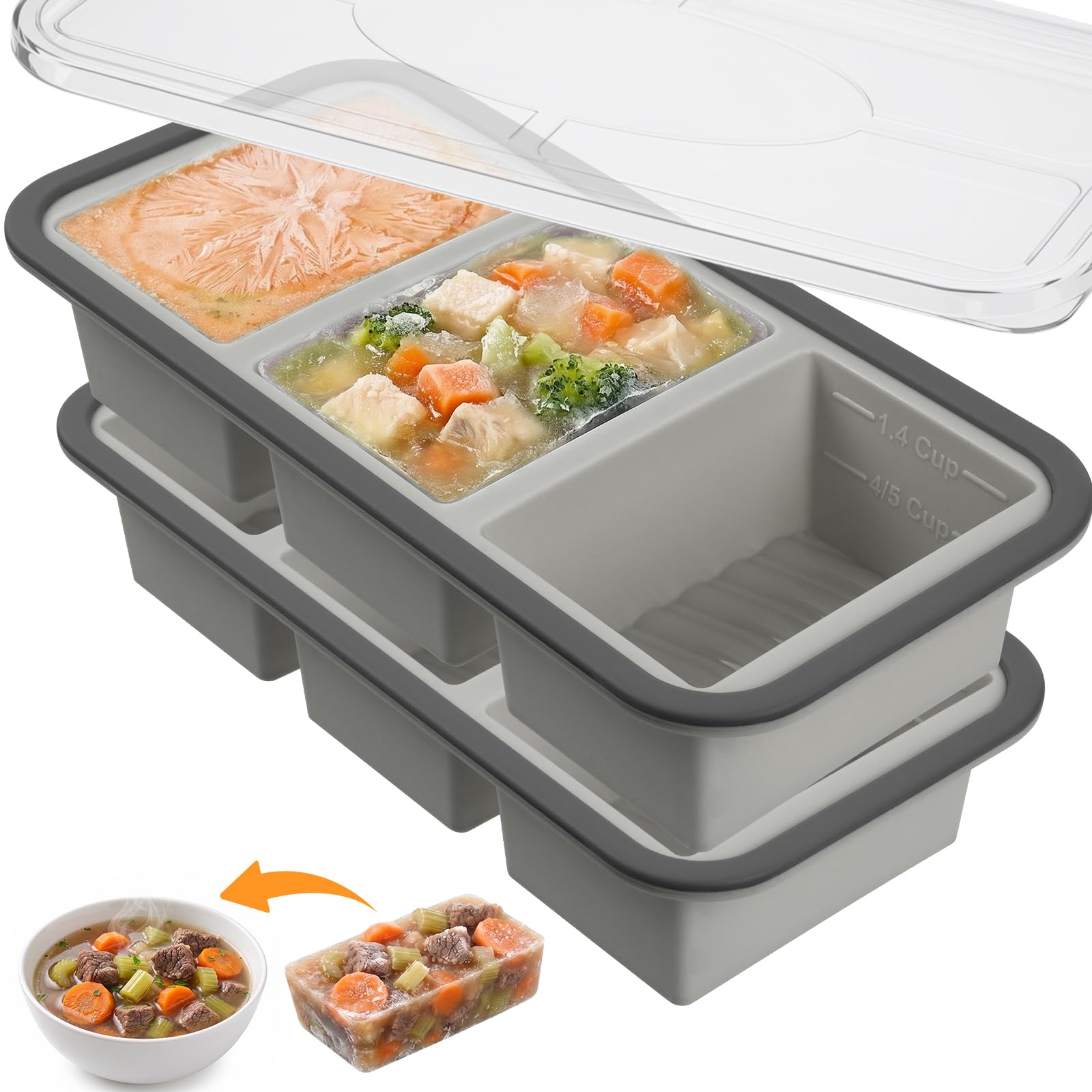 OSDUE 2 Pack Silicone Soup Freezer Containers, Large Ice Cube Tray with Lid