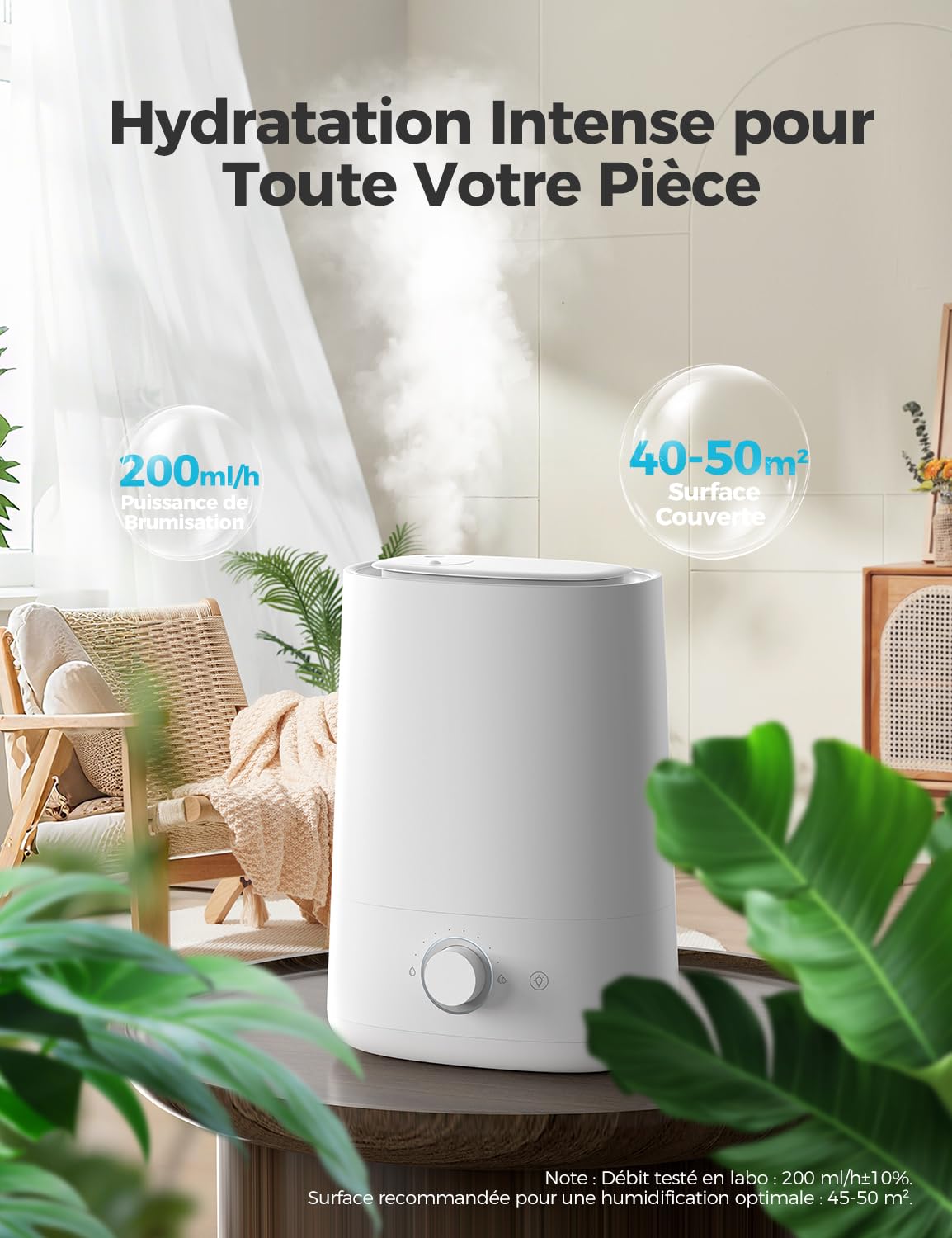 AROEVE Humidificateur d'air 5L à Remplissage par le Dessus,à Brumisateur Ultrasonique avec Diffuseur d'Huile Essentielle, Buse 360°, Veilleuse 28dB, Autonomie 50H, pour Chambre de Bébé, Plantes