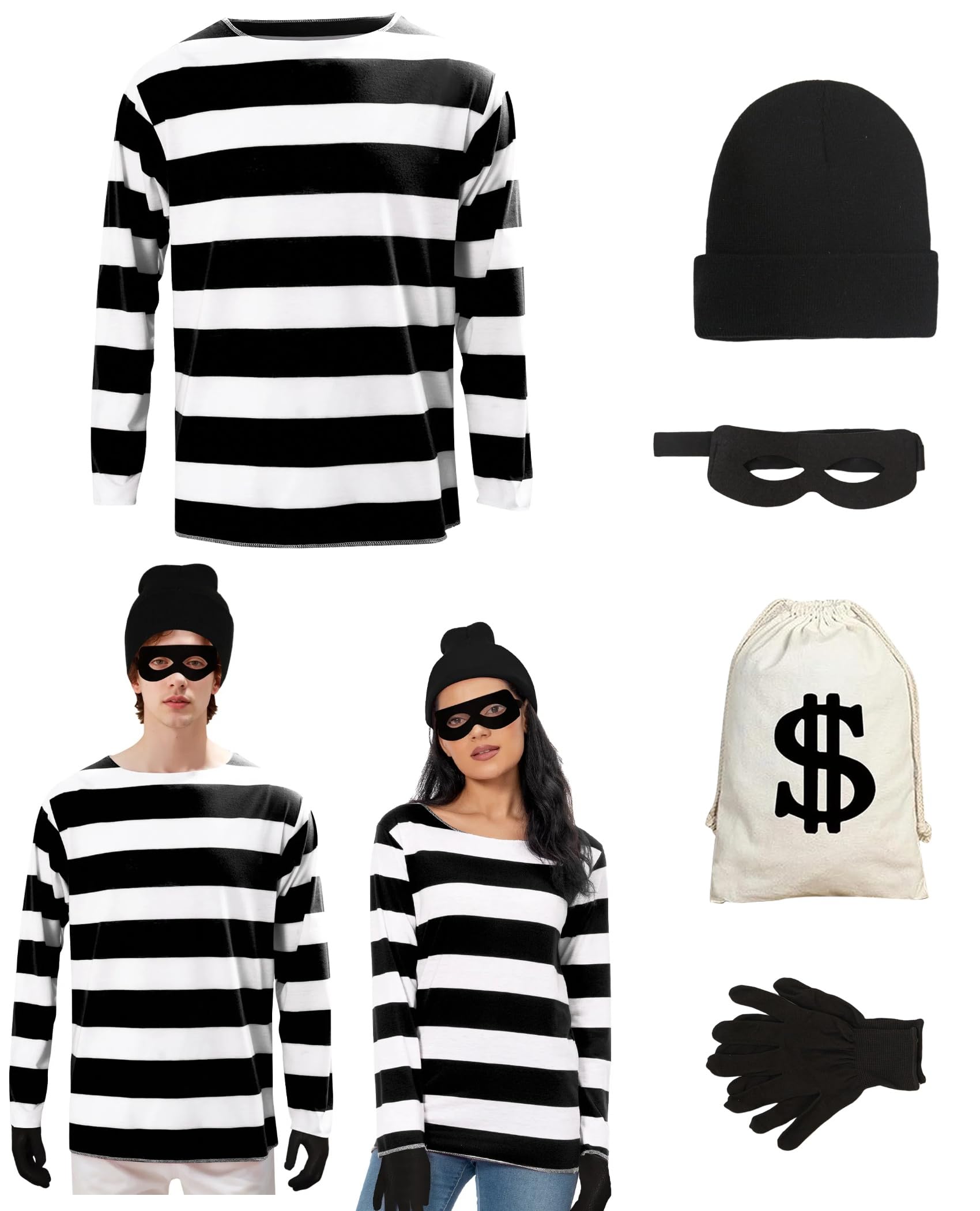 Robber Costume Burglar Accessories Adult Thief Cosplay Striped Shirt Hat Eye Mask Gloves Moeny Bag for Men Women (Black&White, X-Large)