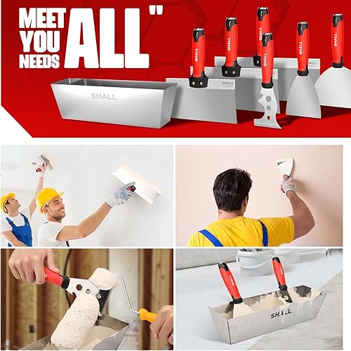 Miniatura 7 de SHALL Kit de herramientas para paneles de yeso, juego de 7 piezas de acero inoxidable, incluye espátula, cuchillo de cinta, herramienta raspadora de