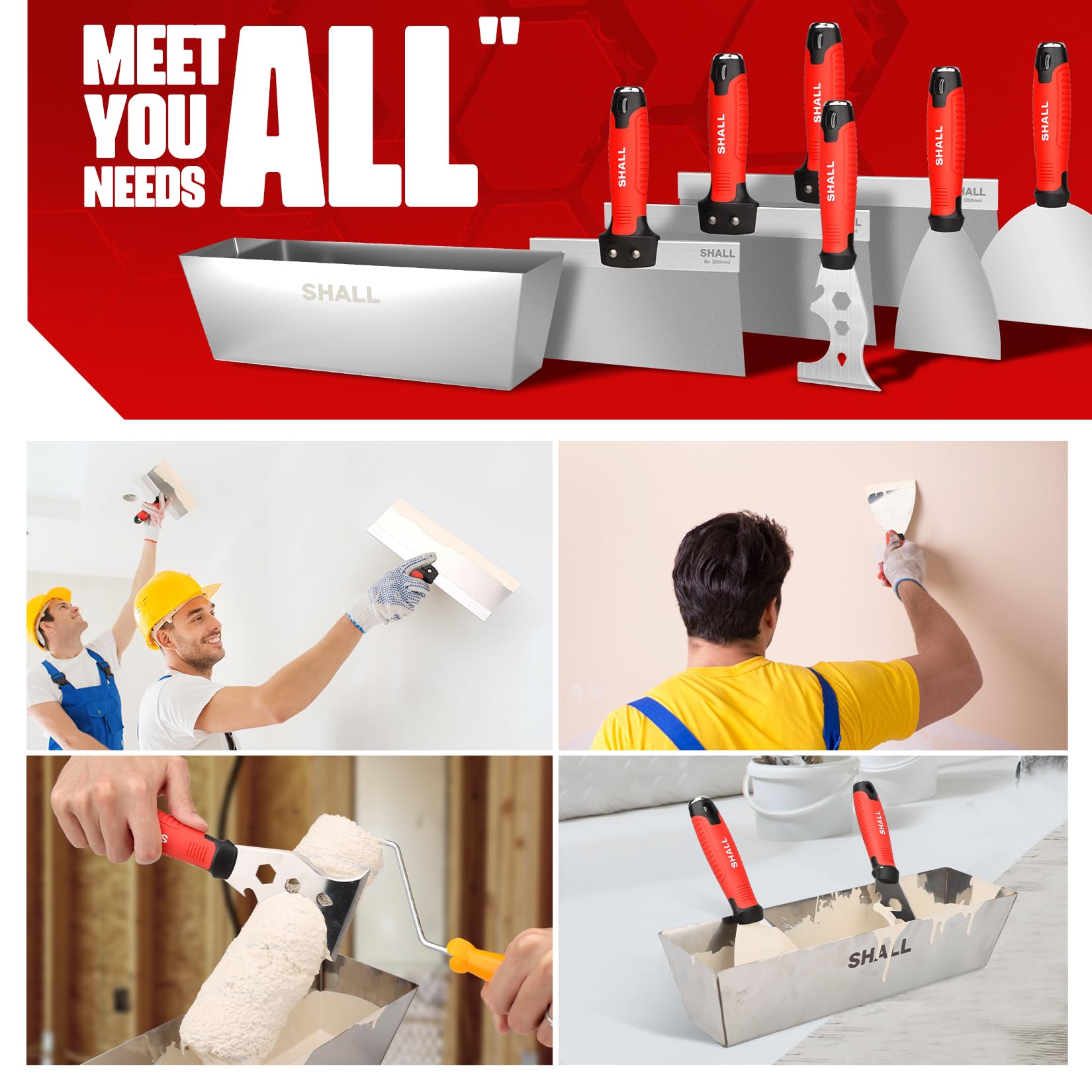 SHALL Drywall Tool Kit, 7 Pcs Stainless Steel Set Includes Putty Knife, Taping Knife, Painter Scraper Tool & 12" Mud Pan for Joint Taping, Finishing, Patching