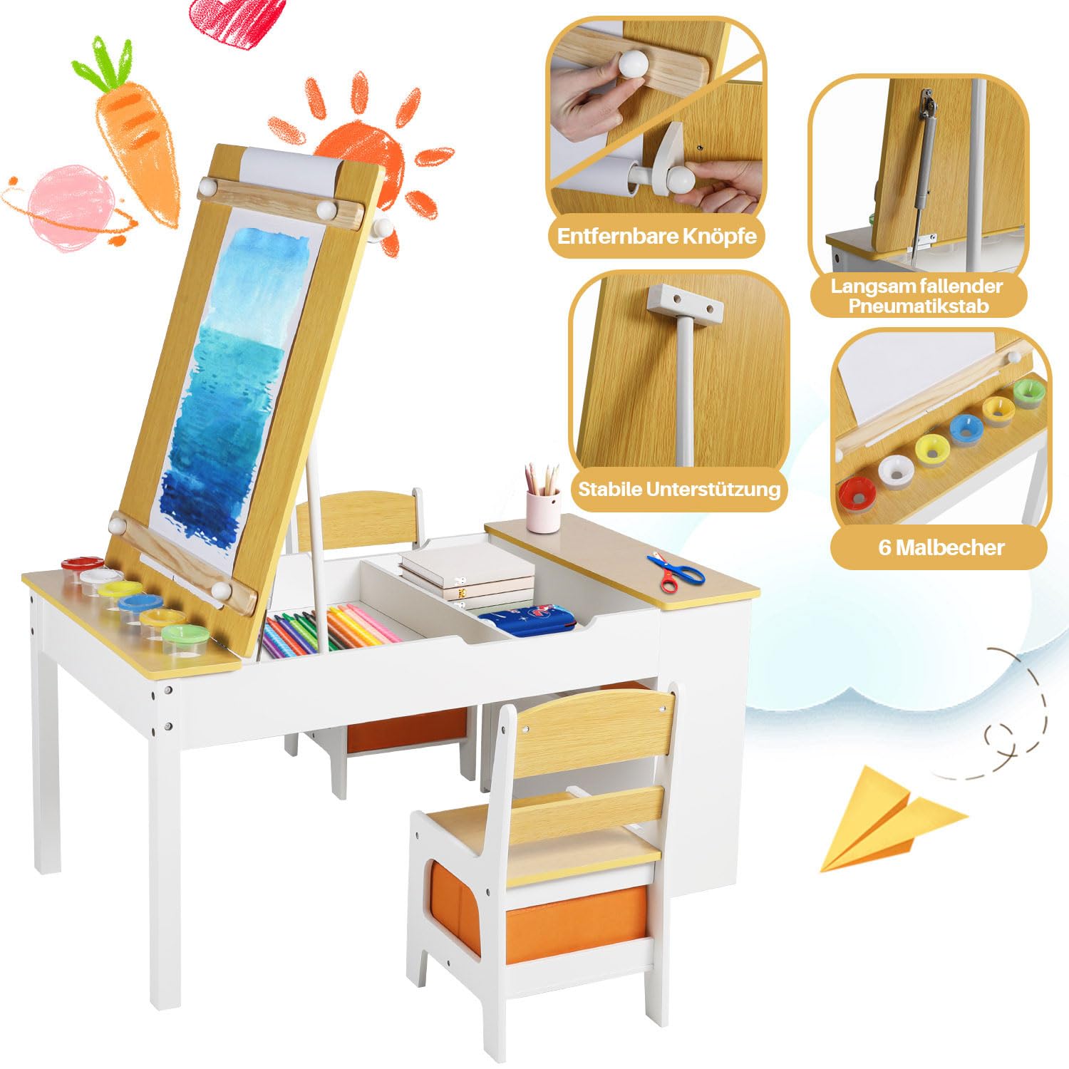GRAVFORCE Kindertisch mit 2 Stühlen Maltisch & Basteltisch Kinder mit anhebbarer Tischplatte Spieltisch Kinderzimmer mit Stauraum Farbbechern 8 Stoffbehältern für Kinder ab 3 Jahren (Natural)
