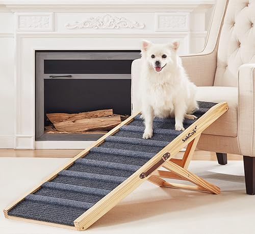 Sakgos Rampa ajustable para perro, rampa portátil plegable de madera para perros y gatos, para cama y automóvil, superficie antideslizante de