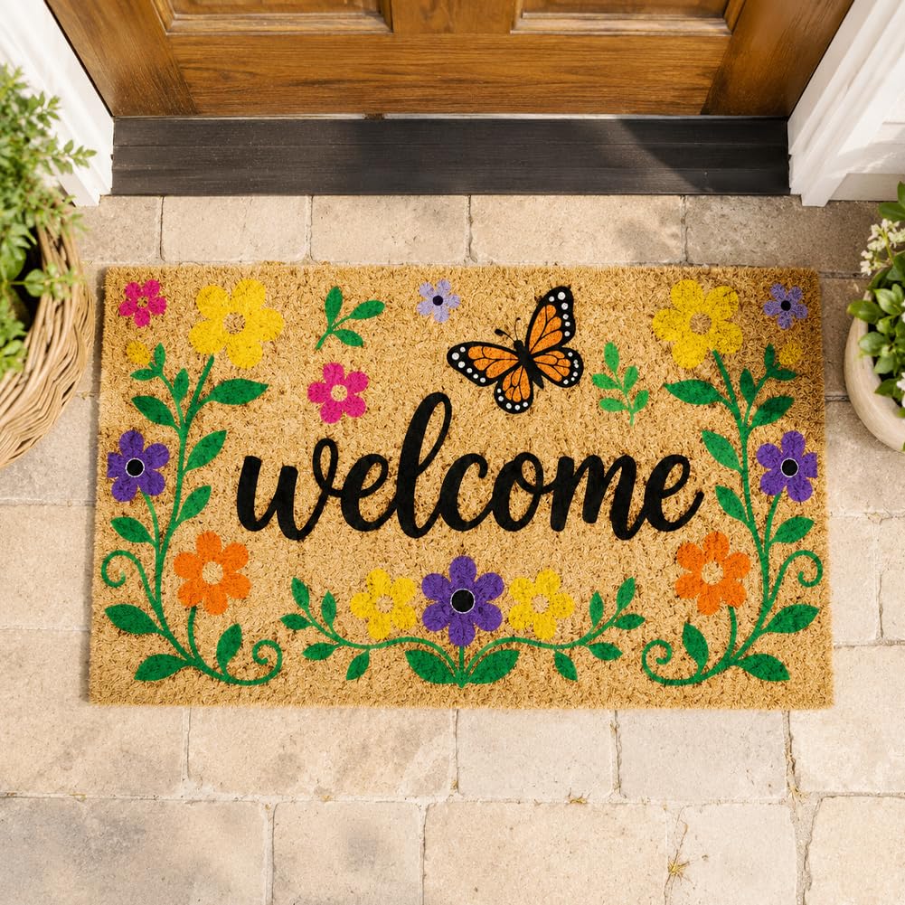 GOMAKERER Floral Butterfly Door Mat, 17x30 Inch Colorful Floral Print Doormat Non-Slip Doormats Decor Front Door Mat Outside Entrance for Home Porch Yard Patio