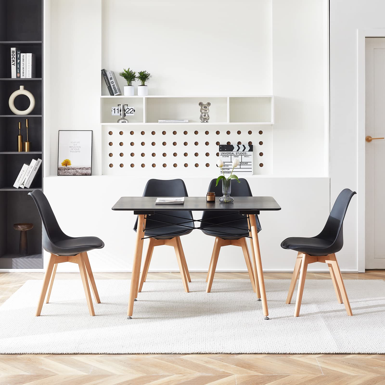 FURNITABLE Table à Manger avec Chaises Rectangulaire Table de Salle à Manger en Bois Ensembles de Meubles de Salle à Manger Table Noire et 4 Chaises Noires Avec des chaises noire