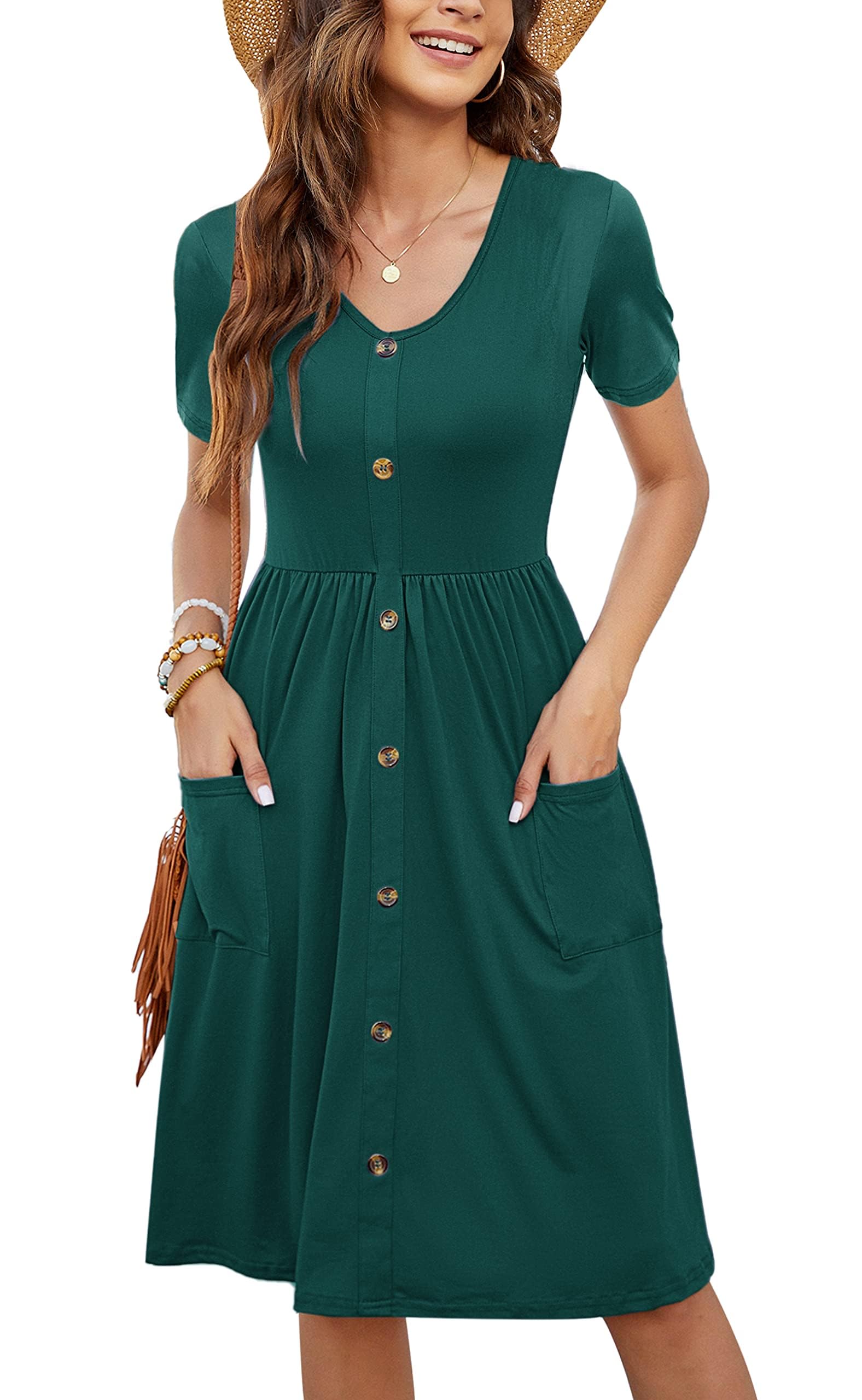 AIOIDI Vestidos de Verano para Mujer Mangas Cortas Escote en U Casual Swing Cintura elástica Vestido Midi con Bolsillos