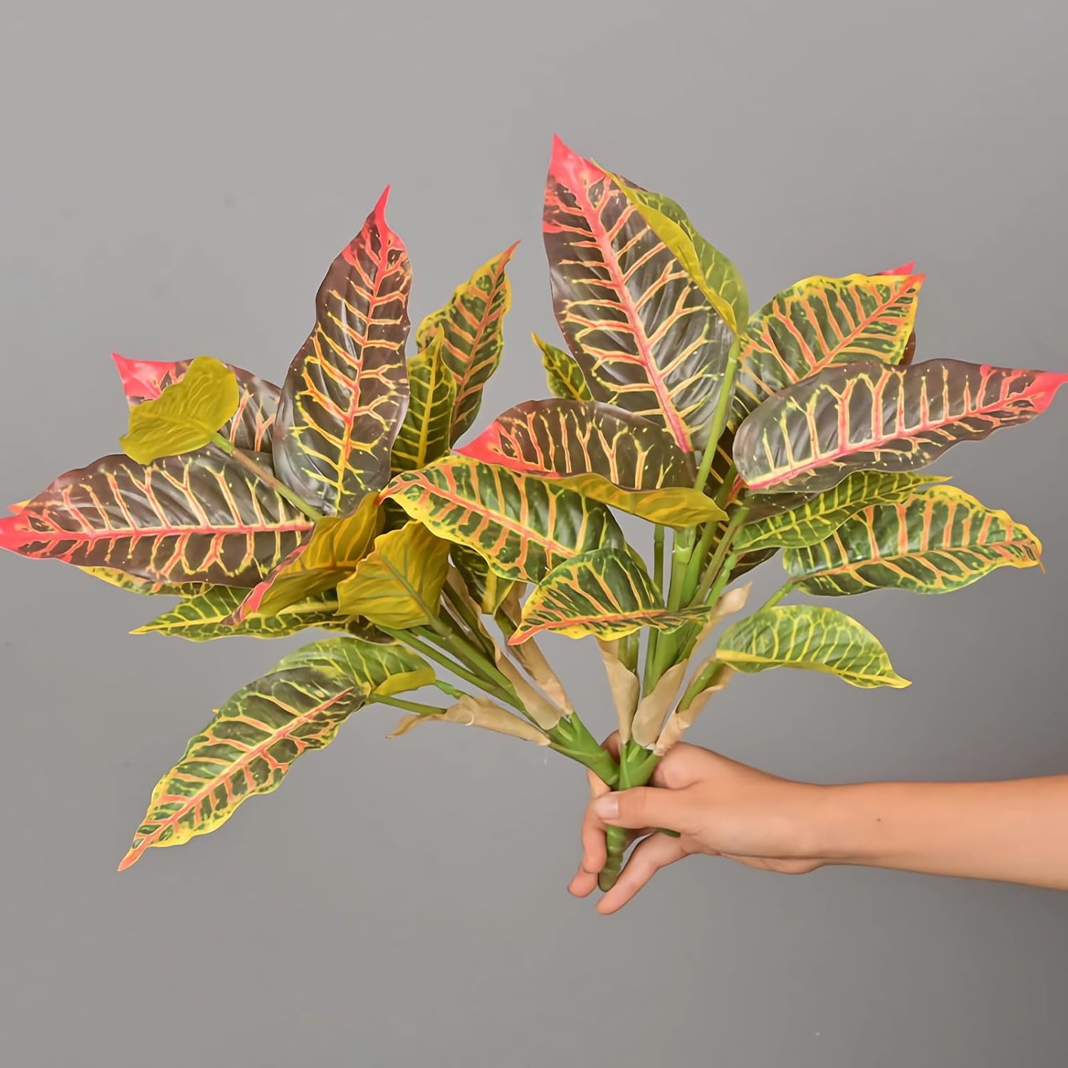 4pcs Artificial Croton Leaf 17" Fake Variegated Hosta Faux Halcyon Hosta Perennial Plants Bush Stems for Vase Bouquets Home Office Wedding Garden Decor.