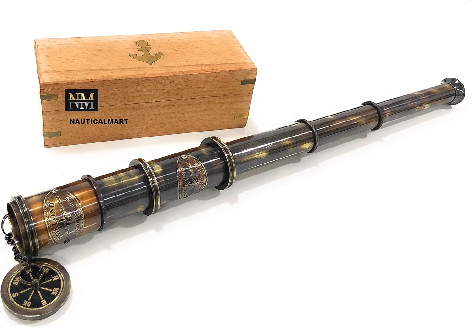 Brass Dollond London 1920 Marine Collectible Decor Nautical Gift Spyglass Antique Mounted Solid Brass Pirate Telescope with Leather Box (Brass Antique)