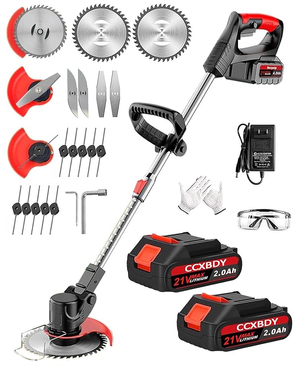 Electric Weed Wacker Cordless, 21V Electric Weed Cordless Eater Battery Powered with 2Pcs 4.0Ah Batteries, 3 in 1 Stringless Grass Trimmer/Edger/Brush Cutter for Lawn Yard Garden by CCXBDY - Used condition - US$62.18