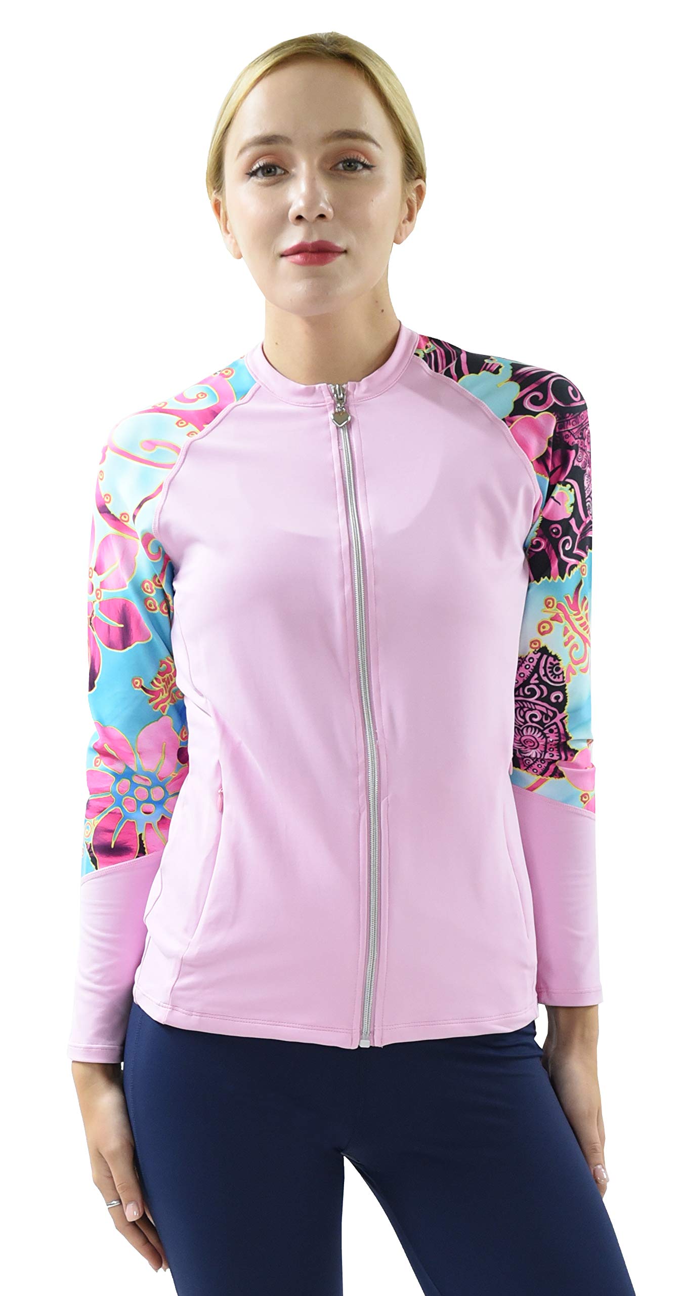 Women UPF50+ Front Zipper Up Long Sleeve Swimsuits Top with Both Side Pockets Swim Rash Guard (JRSRGT)