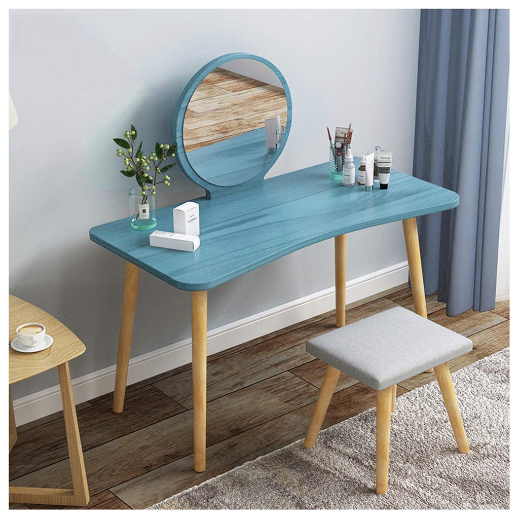 Mesa de tocador azul para el dormitorio infantil con espejo de maquillaje