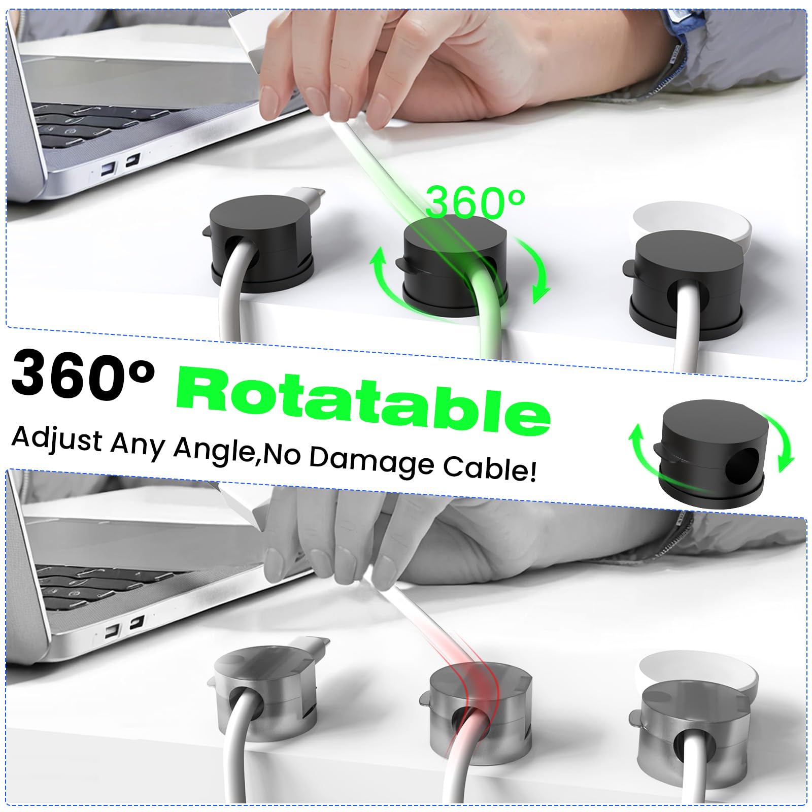 Sinoacc Magnetic Cable Clips – 10-Pack 360° Adhesive Cord Organizer For Desk, Nightstand, Car & Office (Black)