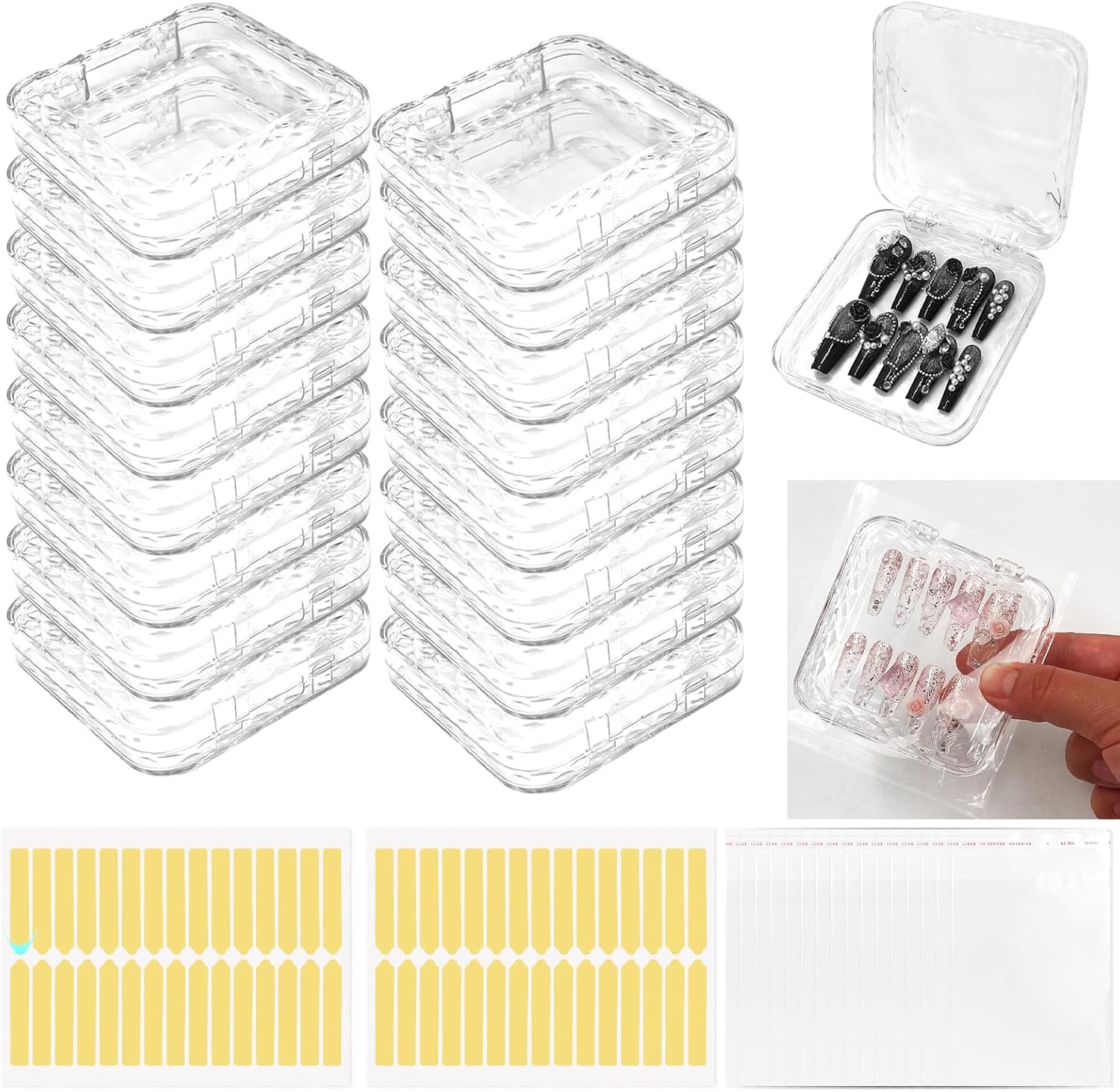 Daily Treasures 16Pcs Unique Rhombic Press on Nail Boxes, Rounded Corners Press on Nail Storage, Transparent Acrylic Press on Nail Case with Tape and Storage Bags for Manicure with Diamonds,Fake Nail