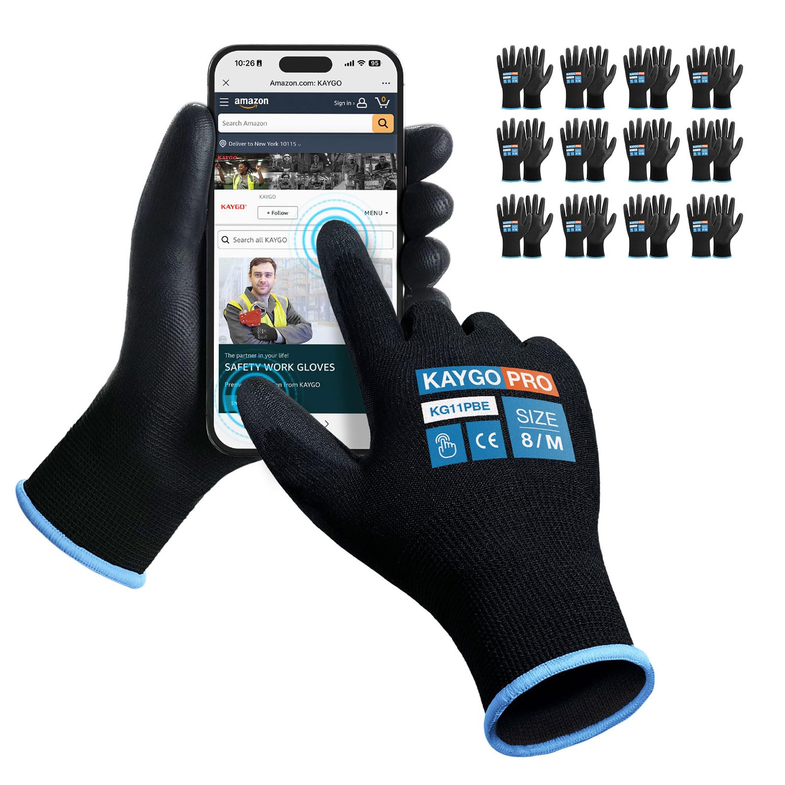 KAYGO Safety Work Gloves PU Coated for Men and Women, 12 Pairs KG11PB, Seamless Knit Glove with Two Fingers Touchscreen, breathable and lightweight Ideal for General Duty Work (Medium,Black)