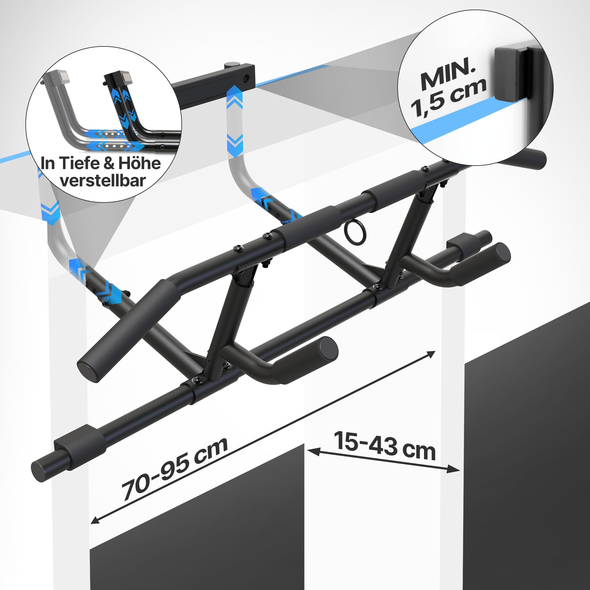 NEOLYMP Premium Klimmzugstange Türrahmen - Türreck mit einstellbarer Höhe, Breite & Tiefe 15–43 cm - Reckstange mit 150 kg Tragkraft - Pull-up Bar ohne Schrauben, einfach in Türrahmen einhängen