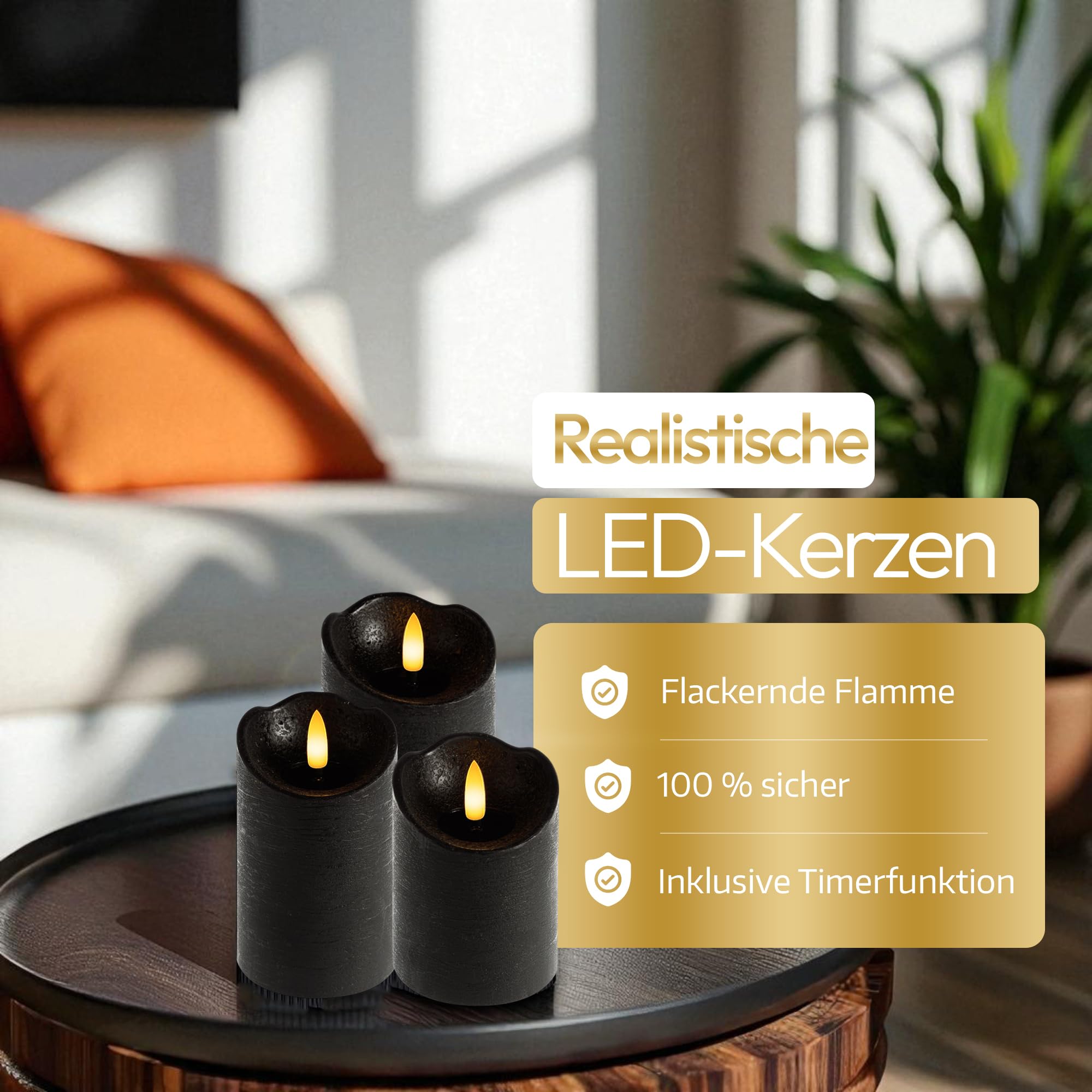 Meisterhome Juego de 3 velas LED negras, sin llama, con llama parpadeante, diseño rústico, con mando a distancia y temporizador, funciona con pilas, color blanco cálido, diámetro de 7,5 x 10/12,5/15
