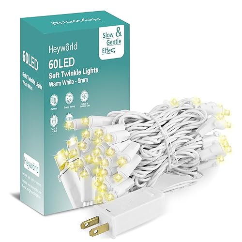 Heyworld Slow Twinkle Christmas Lights, 60 LED 17ft UL Certified Soft String Lights, 5mm Waterproof Fairy Glow for Indoor/Outdoor Christmas, Wedding, Garden Decor - Warm White - White Wire - 60 LED