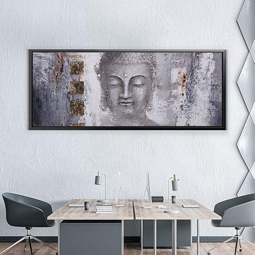 Miniatura 2 de Awesometik Pintura panorámica abstracta de Buda en lienzo en blanco y negro, listo para colgar, fabricado en Estados Unidos (60 x 24 pulgadas, marco